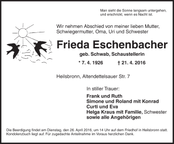 Traueranzeige von Frieda Eschenbacher von Ansbach