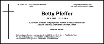 Traueranzeige von Betty Pfeffer von Ansbach