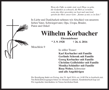 Traueranzeige von Wilhelm Korbacher von Ansbach