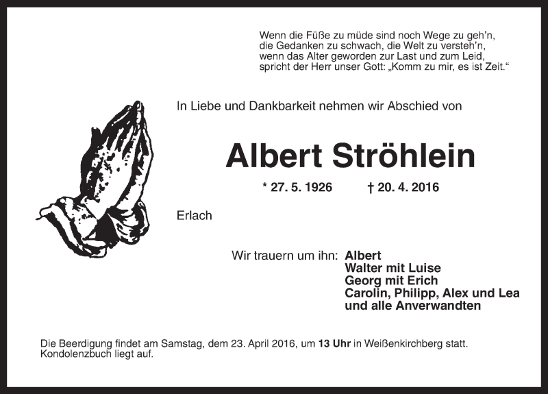  Traueranzeige für Albert Ströhlein vom 22.04.2016 aus Gesamtausgabe