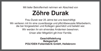 Traueranzeige von Zöhre Durak von Ansbach
