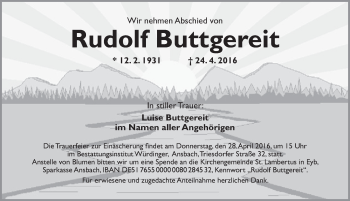 Traueranzeige von Rudolf Buttgereit von Ansbach