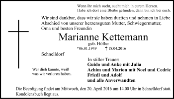 Traueranzeige von Marianne Kettemann von Dinkelsbühl/ Feuchtwangen