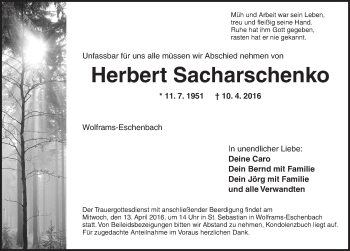 Traueranzeige von Herbert Sacharschenko von Ansbach