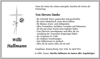 Traueranzeige von Willi Hallmann von Dinkelsbühl/ Feuchtwangen