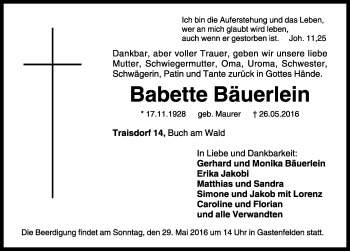 Traueranzeige von Babette Bäuerlein von Rothenburg