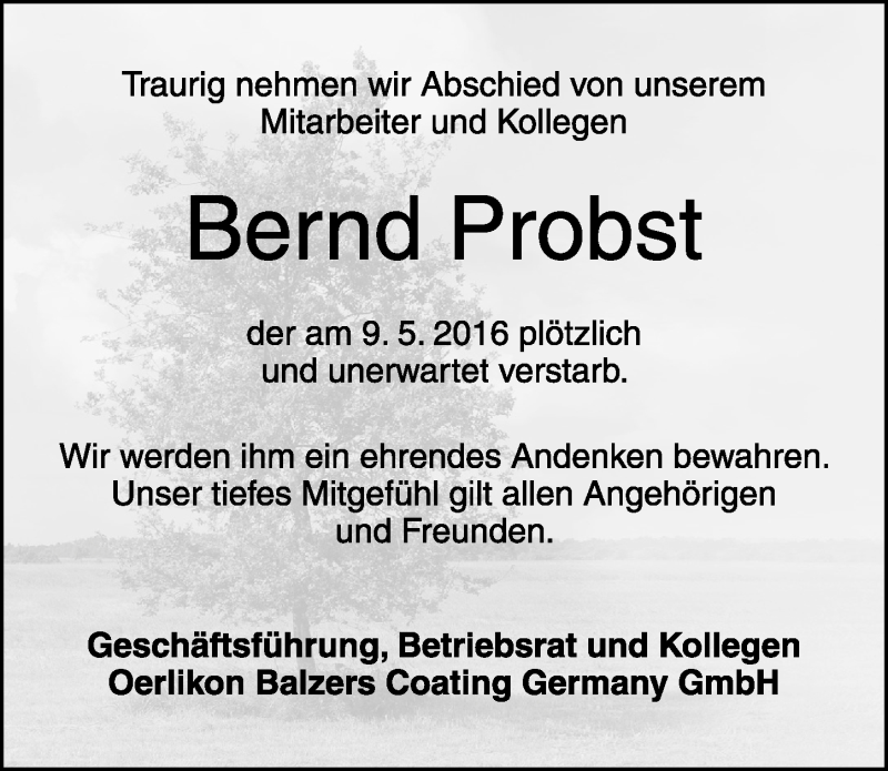  Traueranzeige für Bernd Probst vom 12.05.2016 aus Rothenburg