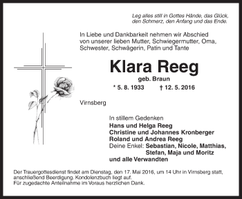 Traueranzeige von Klara Reeg von Ansbach