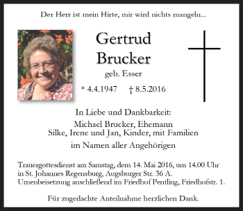 Traueranzeige von Gertrud Brucker von Neustadt/ Scheinfeld/ Uffenheim