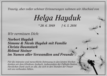 Traueranzeige von Helga Hayduk von Ansbach