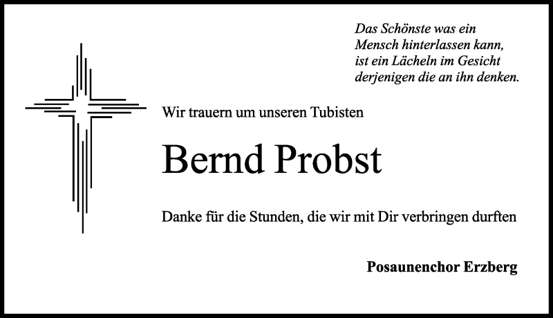  Traueranzeige für Bernd Probst vom 12.05.2016 aus Rothenburg