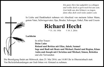 Traueranzeige von Richard Hecht von Neustadt/ Scheinfeld/ Uffenheim
