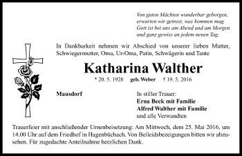 Traueranzeige von Katharina Walther von Neustadt/ Scheinfeld/ Uffenheim