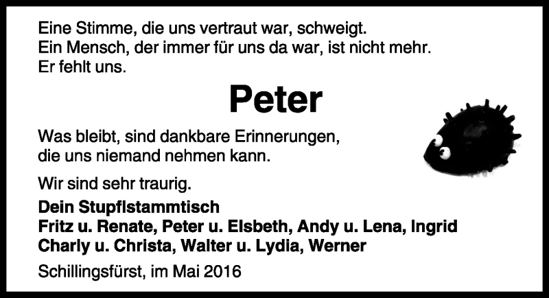  Traueranzeige für Peter Bromberger vom 25.05.2016 aus Rothenburg