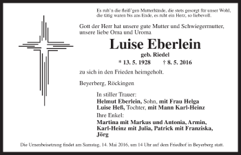 Traueranzeige von Luise Eberlein von Dinkelsbühl/ Feuchtwangen