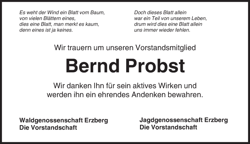  Traueranzeige für Bernd Probst vom 12.05.2016 aus Rothenburg