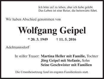 Traueranzeige von Wolfgang Geipel von Ansbach