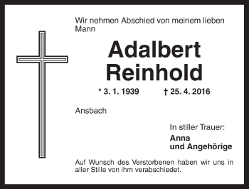 Traueranzeige von Adalbert Reinhold von Ansbach