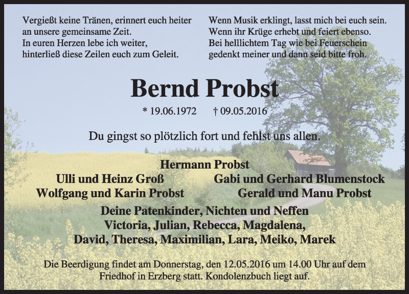  Traueranzeige für Bernd Probst vom 11.05.2016 aus Dinkelsbühl/ Feuchtwangen