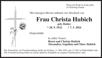 Traueranzeige von Christa Hubich von Dinkelsbühl/ Feuchtwangen
