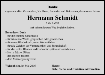 Traueranzeige von Hermann Schmidt von Neustadt/ Scheinfeld/ Uffenheim