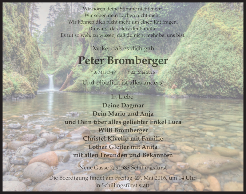  Traueranzeige für Peter Bromberger vom 25.05.2016 aus Rothenburg