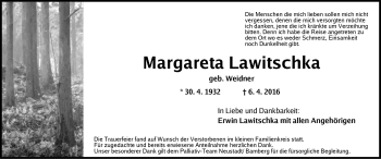 Traueranzeige von Margareta Lawitschka von Neustadt/ Scheinfeld/ Uffenheim