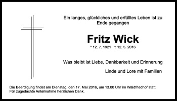Traueranzeige von Fritz Wick von Ansbach