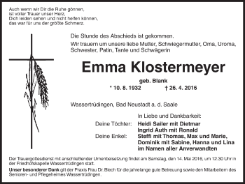 Traueranzeige von Emma Klostermeyer von Dinkelsbühl/ Feuchtwangen