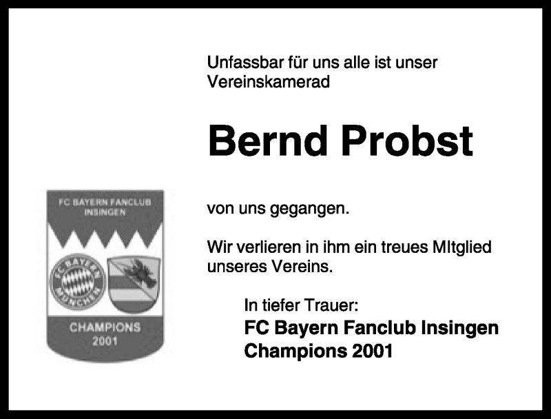  Traueranzeige für Bernd Probst vom 12.05.2016 aus Rothenburg