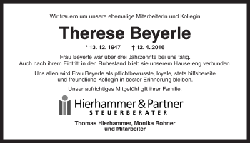 Traueranzeige von Therese Beyerle von Ansbach