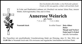 Traueranzeige von Annerose Weinrich von Neustadt/ Scheinfeld/ Uffenheim