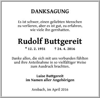 Traueranzeige von Rudolf Buttgereit von Ansbach