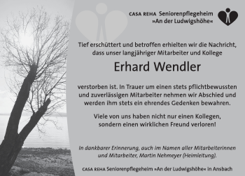 Traueranzeige von Erhard Wendler von Ansbach