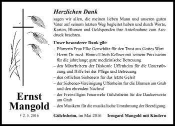 Traueranzeige von Ernst Mangold von Neustadt/ Scheinfeld/ Uffenheim