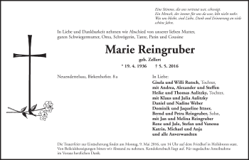 Traueranzeige von Marie Reingruber von Ansbach