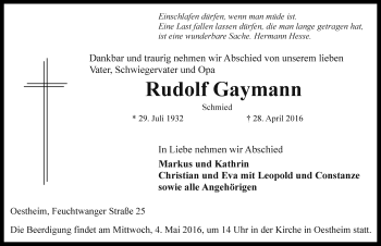 Traueranzeige von Rudolf Gaymann von Fränkische Landeszeitung