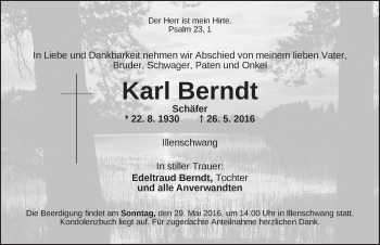 Traueranzeige von Karl Berndt von Dinkelsbühl/ Feuchtwangen