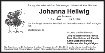 Traueranzeige von Johanna Hellwig von Ansbach