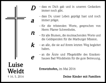 Traueranzeige von Luise Weidt von Neustadt/ Scheinfeld/ Uffenheim