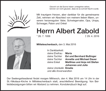 Traueranzeige von Albert Zabold von Ansbach