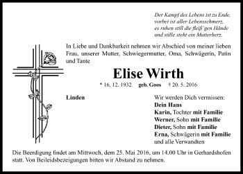 Traueranzeige von Elise Wirth von Neustadt/ Scheinfeld/ Uffenheim