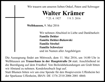 Traueranzeige von Walter Krämer von Neustadt/ Scheinfeld/ Uffenheim