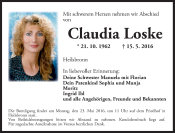 Traueranzeige von Claudia Loske von Ansbach