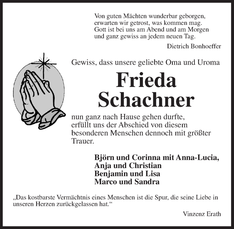  Traueranzeige für Frieda Schachner vom 23.05.2016 aus Dinkelsbühl/ Feuchtwangen