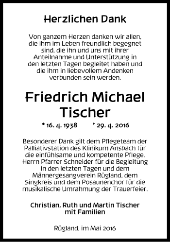 Traueranzeige von Friedrich Michael Tischer von Ansbach