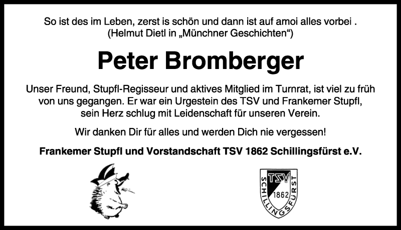  Traueranzeige für Peter Bromberger vom 25.05.2016 aus Rothenburg