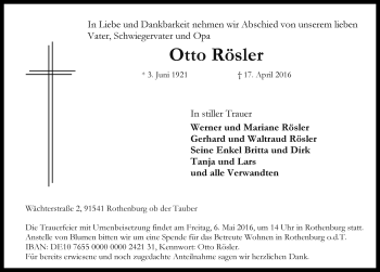 Traueranzeige von Otto Rösler von Fränkische Landeszeitung