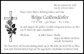 Traueranzeige von Helga Geißendörfer von Neustadt/ Scheinfeld/ Uffenheim
