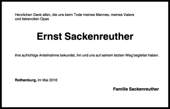 Traueranzeige von Ernst Sackenreuther von Rothenburg